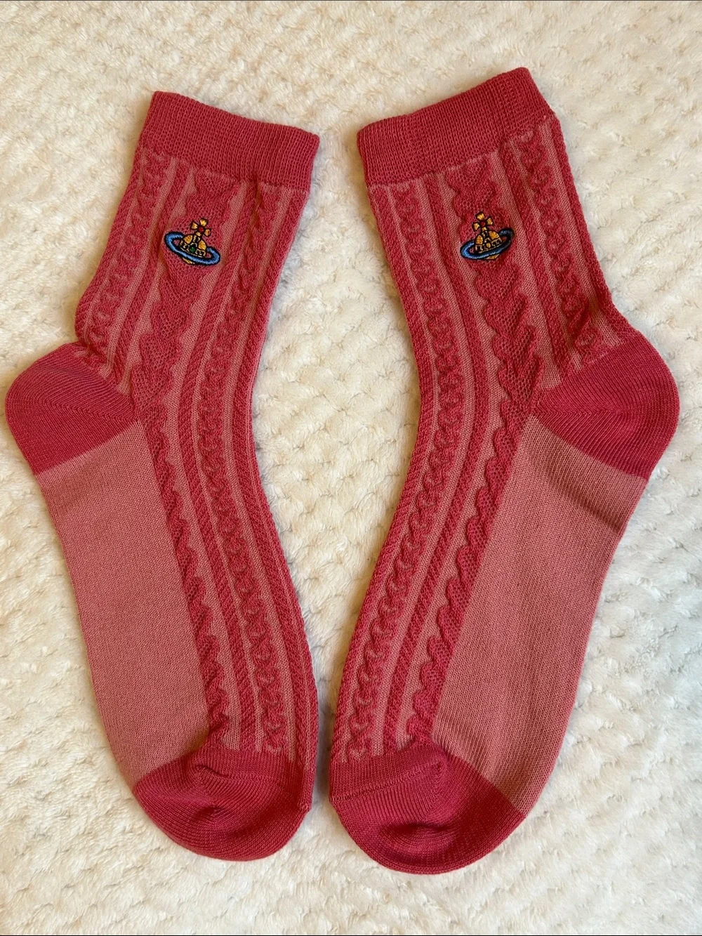 NWOT Vivienne Westwood Unisex Cable Knit Crew SockS With Orb Logo - Rose Pink